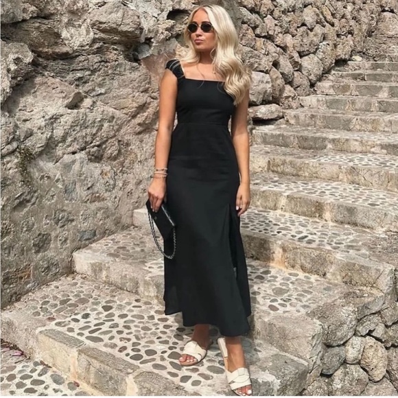 Zara Black A-Line Linen Midi Dress Square Neck Lace-Up Tie Open Back Size M - Picture 16 of 16